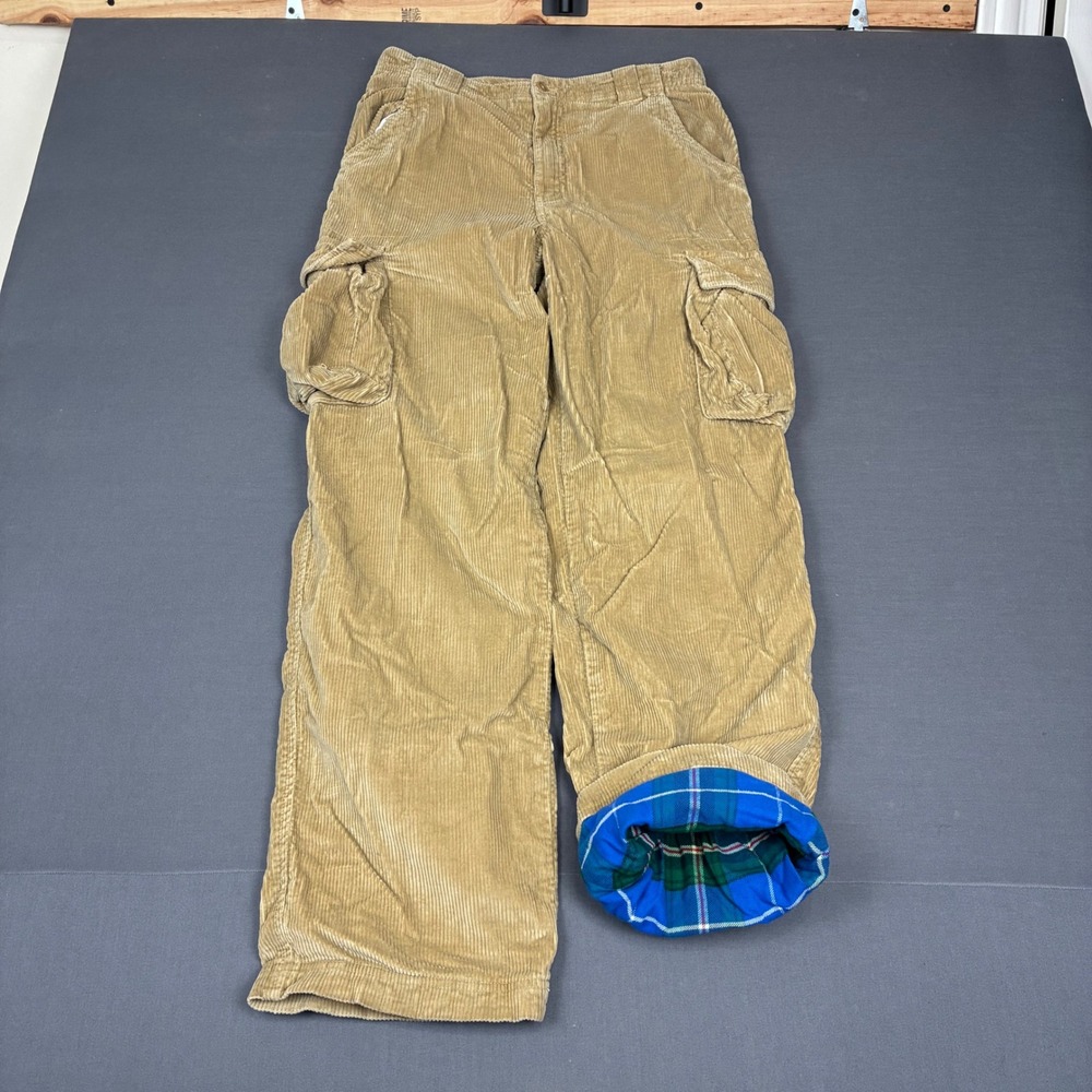 VTG Lands End Tan Brown Plaid Fleece Lined Cargo Corduroy Pants Men's Size 28x30